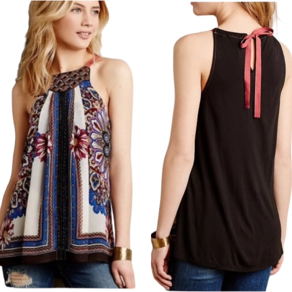 Anthropologie One September Embroidered Floral Beaded Tie Neck Halter Top - XS
